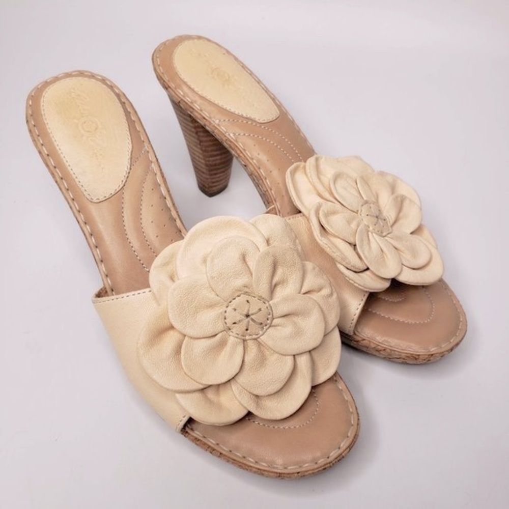 Women's Beige Floral Slide Heels - Cream Flower Accent